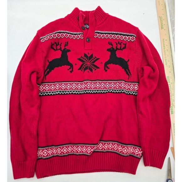 Chaps Red Reindeer & Snowflake Holiday Sweater M 100% Cotton Mens Fun Festive Kn - Picture 1 of 7